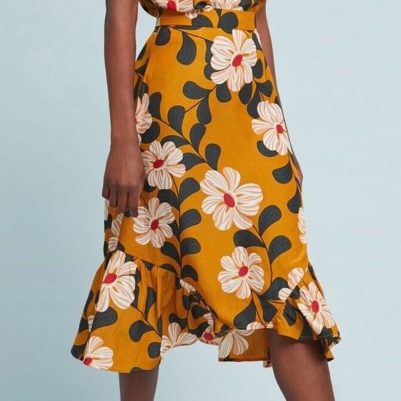 Anthropologie Eva Franco Dresses & Skirts - NEW Anthropologie Floral Mustard Gold Ruffled Midi Skirt Eva Franco Size 6